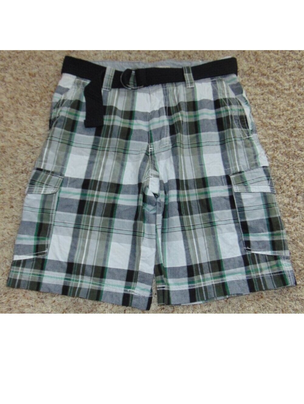 Route 66 Cargo Shorts 32 Mens Gray White Plaid Belted Flat Front 11" Inseam